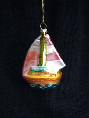 Hand-Painted Glass Sailboat Ornament in Pink, Gold, Blue